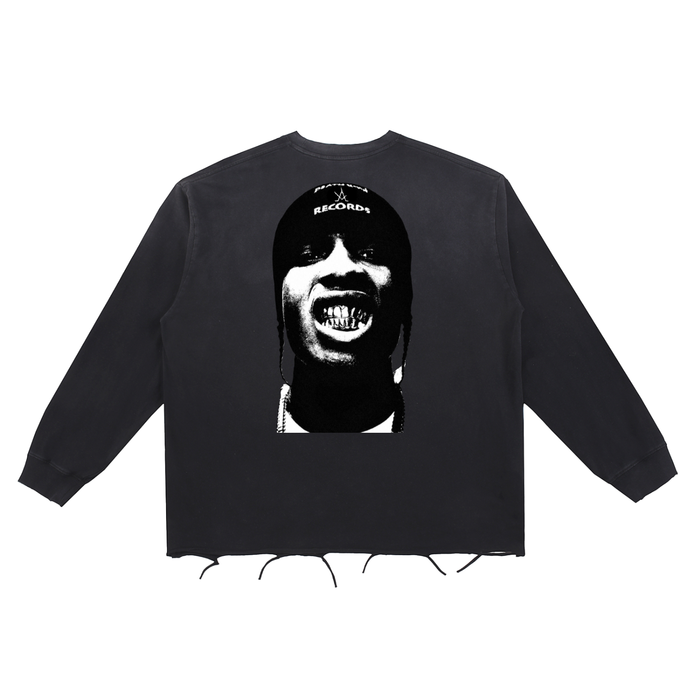 Unisex black raw edge long sleeve cotton t-shirt with snow wash effect and bold graphic print on back