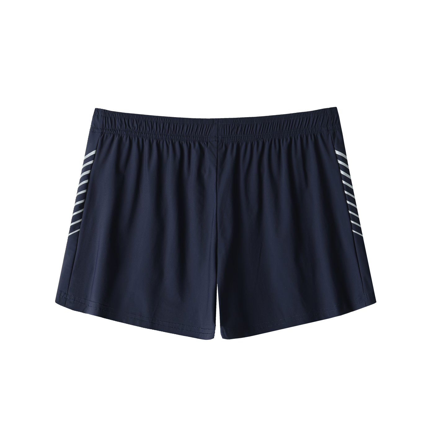 Men's navy side-stripe performance shorts with elastic waistband, made of nylon and spandex blend, designed for sports and casual wear