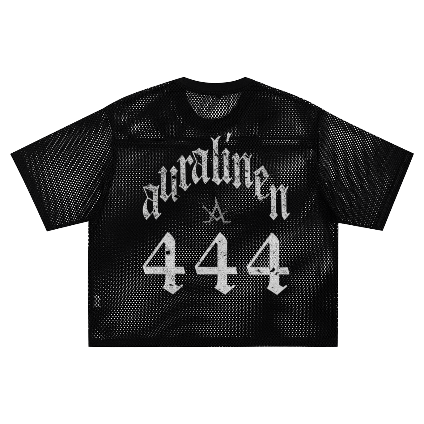 Black see-through boxy net mesh jersey with white print, unisex streetwear style