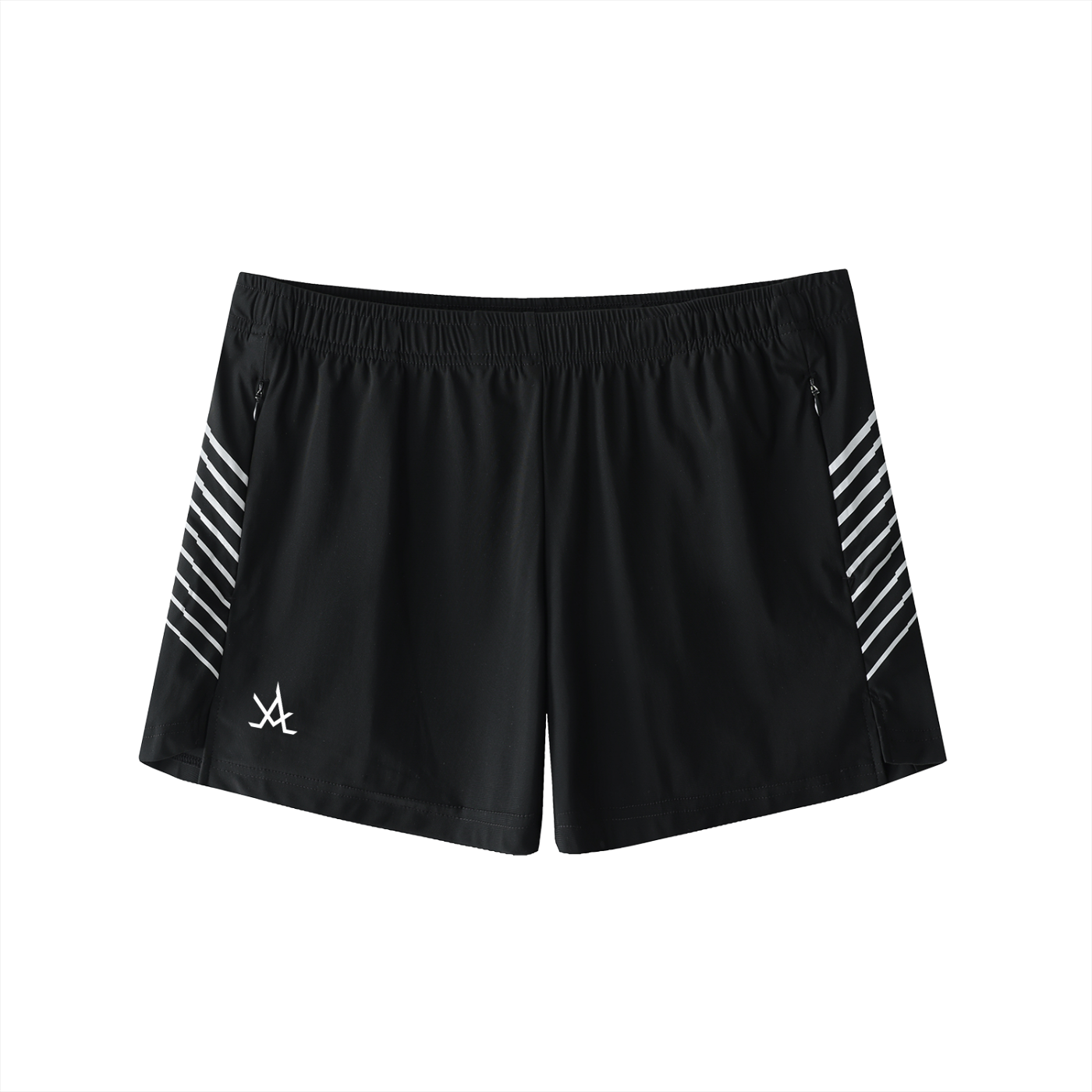 Men's black side-stripe performance shorts with zip pockets and elastic waistband
