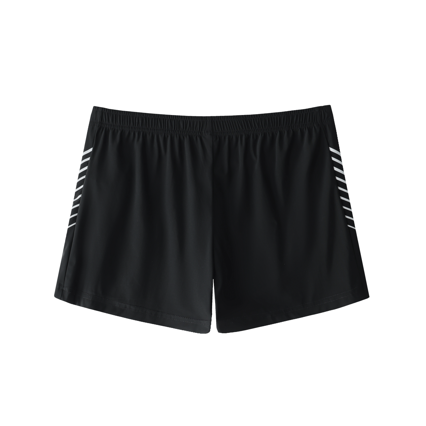 Men's black side-stripe performance shorts with elastic waist, nylon-spandex blend for sport and casual wear