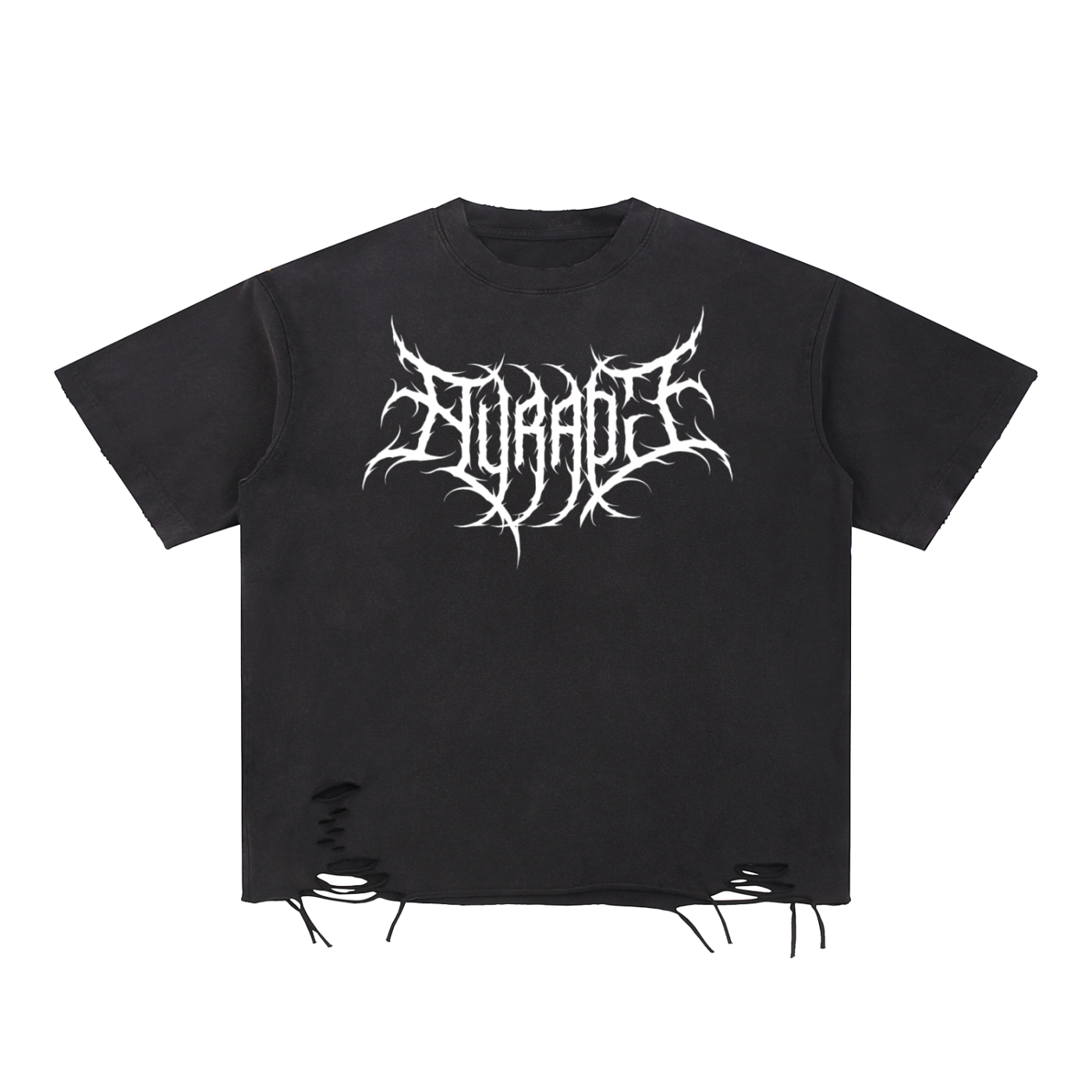 Snow washed raw-hem black cotton t-shirt with distressed bottom and white graphic print, unisex loose fit