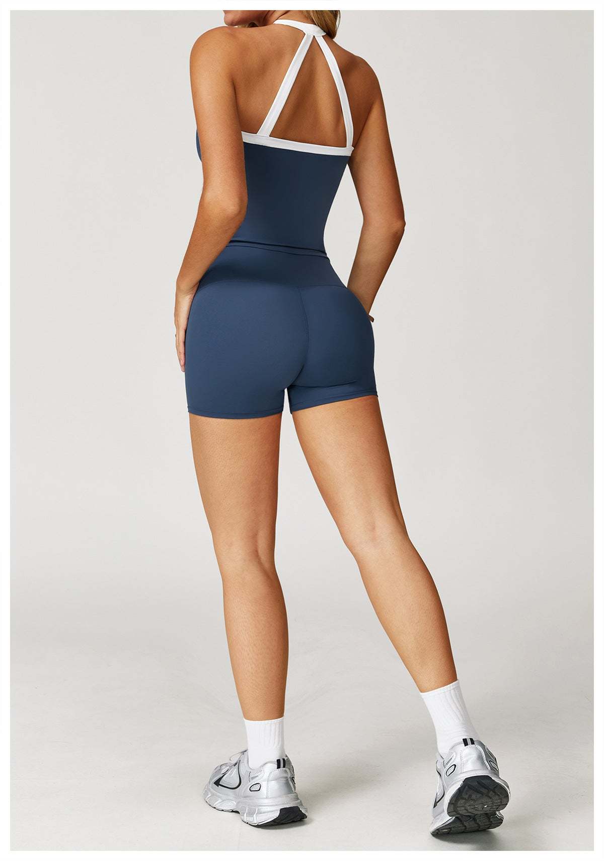 Aura Linen Women’s Navy high-waist gym shorts with breathable, stretchy fabric for workouts and athleisure
