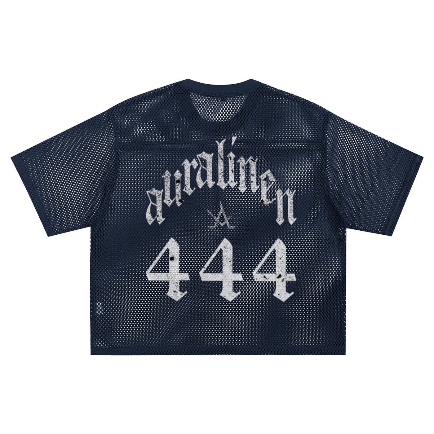 See-through Boxy Net unisex streetwear mesh jersey with 444 print in black and blue polyester