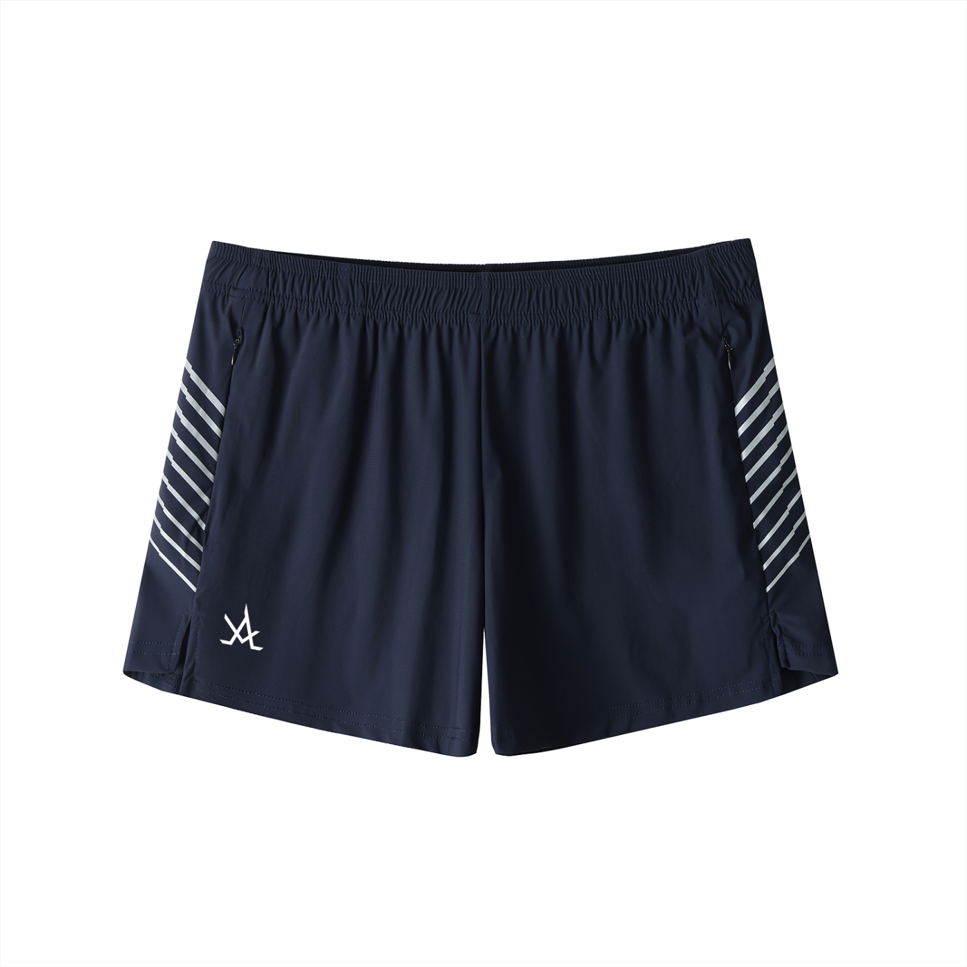 Men's navy blue side-stripe performance shorts with elastic waistband and sporty design