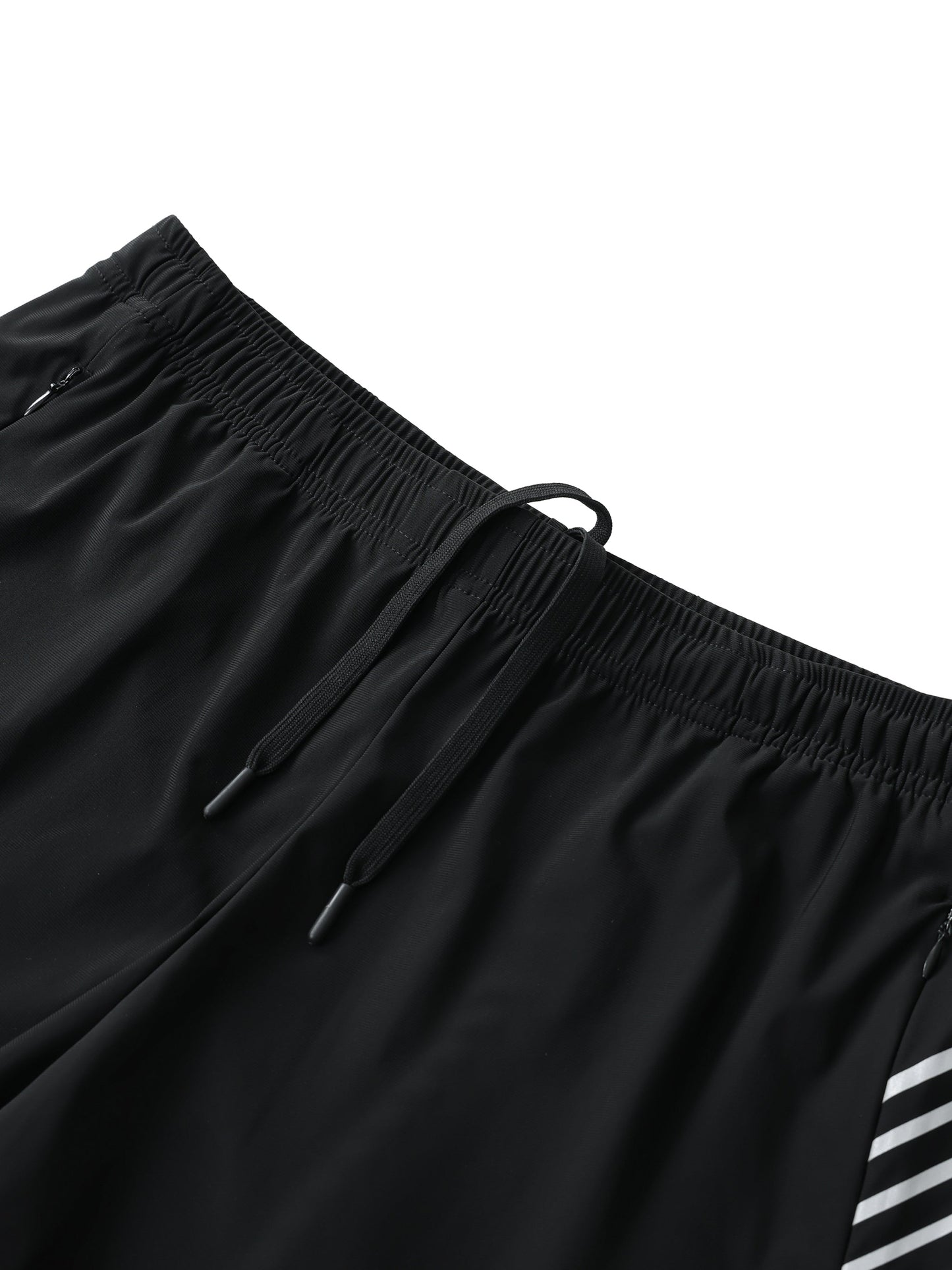 Men's black side-stripe performance shorts with elastic waistband and drawstring