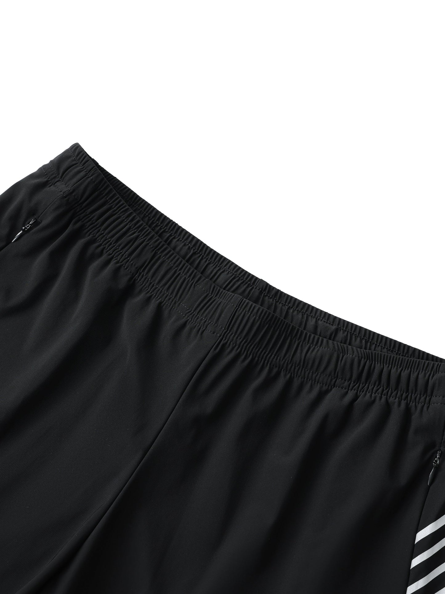 Men's side-stripe performance shorts in black with elastic waistband and zipper pockets