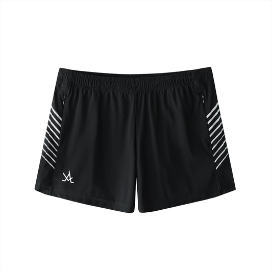 Men's black side-stripe performance shorts with zip pockets and elastic waistband